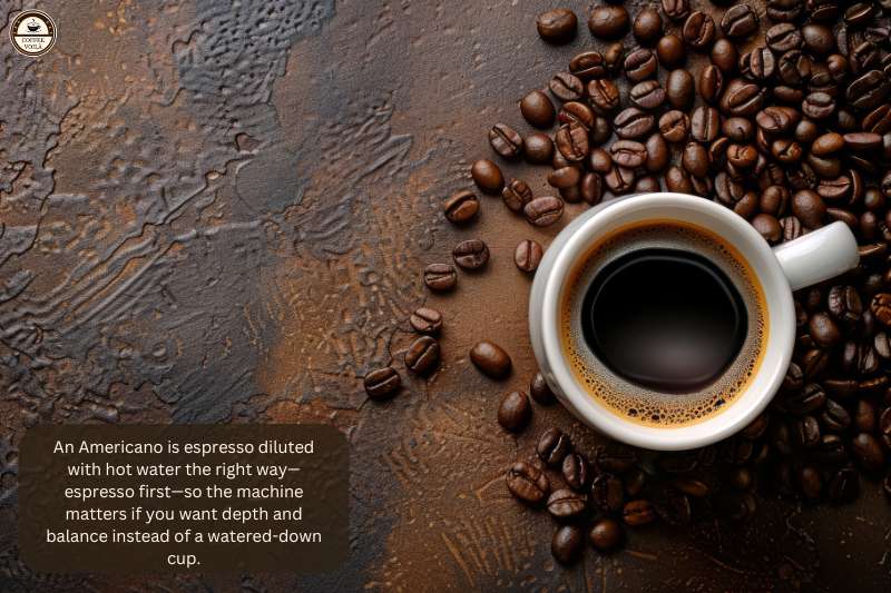 An Americano is espresso diluted with hot water the right way—espresso first—so the machine matters if you want depth and balance instead of a watered-down cup.