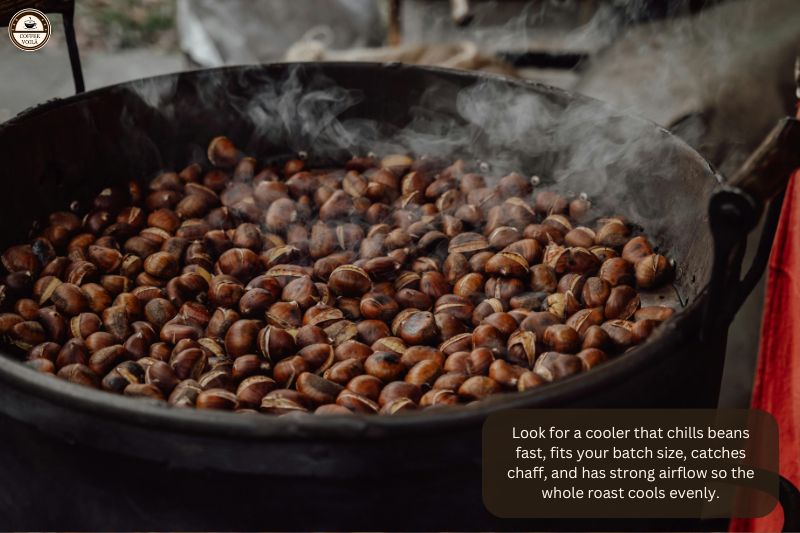 Look for a cooler that chills beans fast, fits your batch size, catches chaff, and has strong airflow so the whole roast cools evenly.