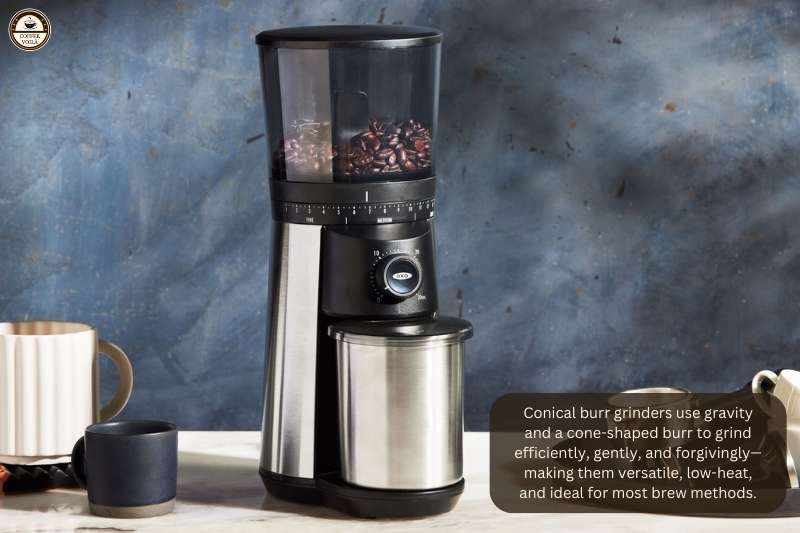 Conical burr grinders use gravity and a cone-shaped burr to grind efficiently, gently, and forgivingly—making them versatile, low-heat, and ideal for most brew methods.