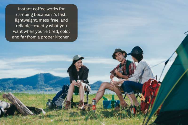 Instant coffee works for camping because it’s fast, lightweight, mess-free, and reliable—exactly what you want when you’re tired, cold, and far from a proper kitchen.
