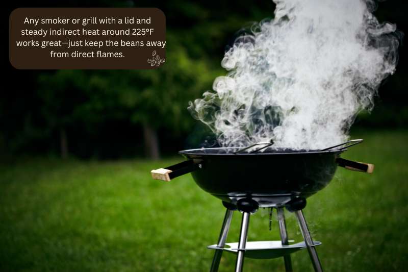 Any smoker or grill with a lid and steady indirect heat around 225°F works great—just keep the beans away from direct flames.