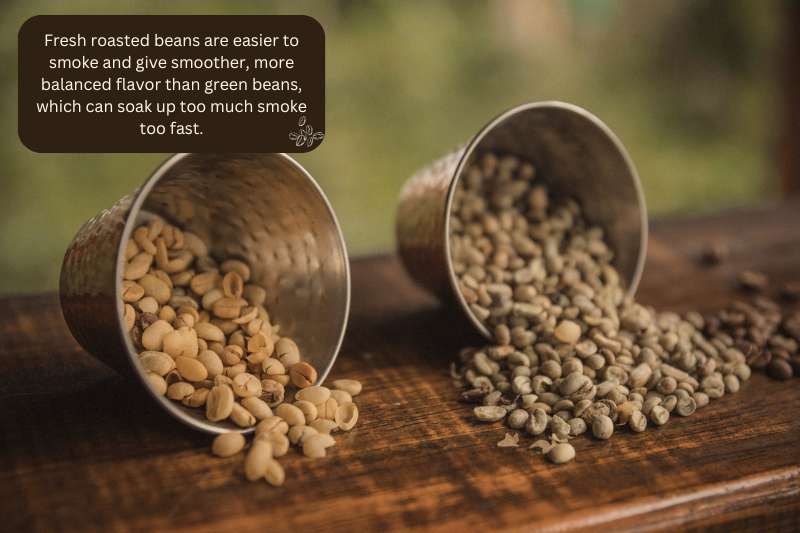 Fresh roasted beans are easier to smoke and give smoother, more balanced flavor than green beans, which can soak up too much smoke too fast.