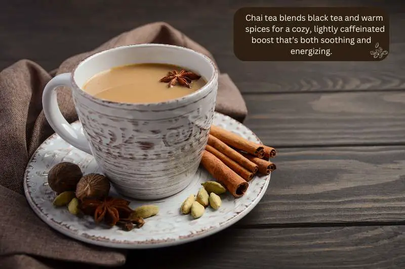 Chai tea blends black tea and warm spices for a cozy, lightly caffeinated boost that’s both soothing and energizing.