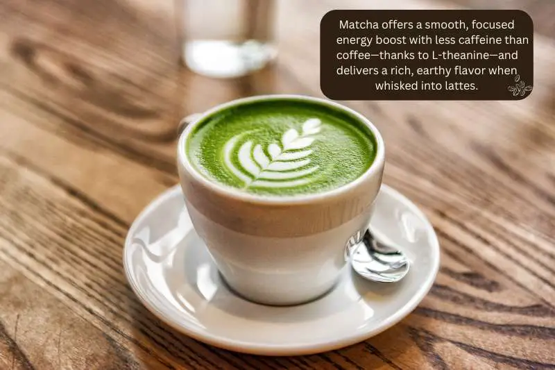 Matcha offers a smooth, focused energy boost with less caffeine than coffee—thanks to L-theanine—and delivers a rich, earthy flavor when whisked into lattes.