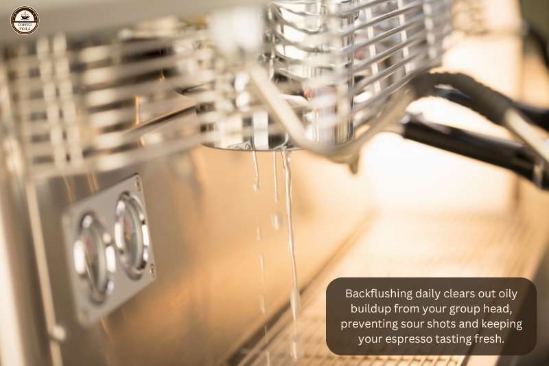 Backflushing daily clears out oily buildup from your group head, preventing sour shots and keeping your espresso tasting fresh.