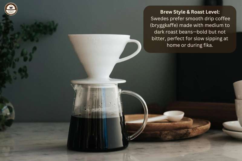 Brew Style & Roast Level:
Swedes prefer smooth drip coffee (bryggkaffe) made with medium to dark roast beans—bold but not bitter, perfect for slow sipping at home or during fika.