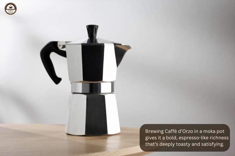 Brewing Caffè d’Orzo in a moka pot gives it a bold, espresso-like richness that’s deeply toasty and satisfying.