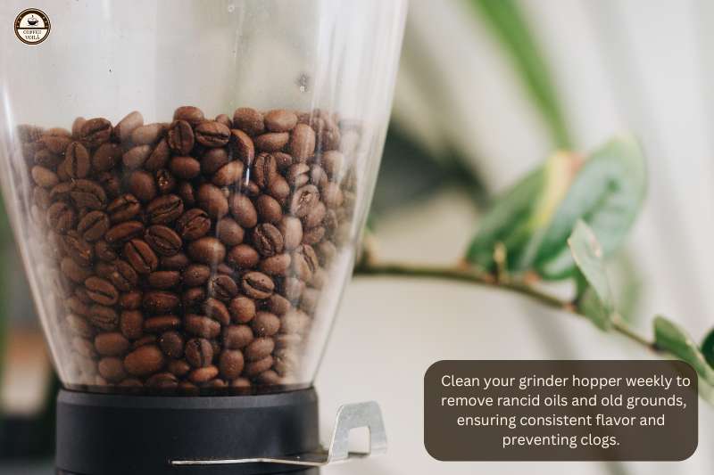 Clean your grinder hopper weekly to remove rancid oils and old grounds, ensuring consistent flavor and preventing clogs.