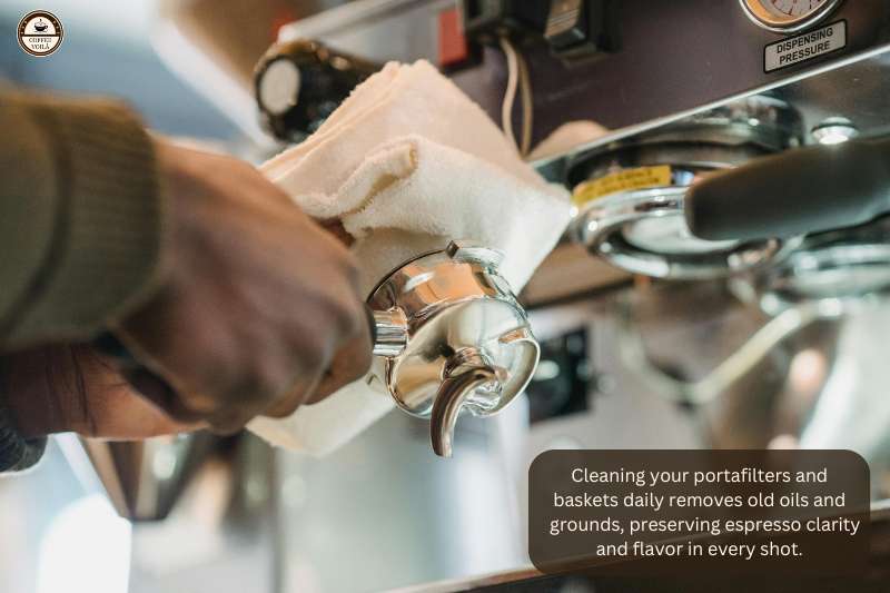 Cleaning your portafilters and baskets daily removes old oils and grounds, preserving espresso clarity and flavor in every shot.