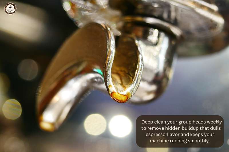 Deep clean your group heads weekly to remove hidden buildup that dulls espresso flavor and keeps your machine running smoothly.