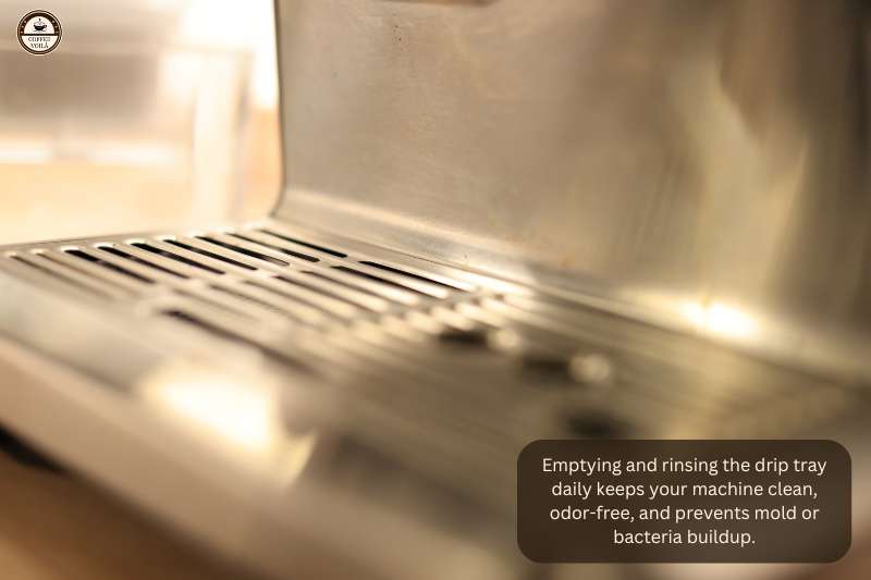 Emptying and rinsing the drip tray daily keeps your machine clean, odor-free, and prevents mold or bacteria buildup.