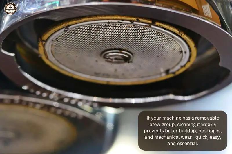 If your machine has a removable brew group, cleaning it weekly prevents bitter buildup, blockages, and mechanical wear—quick, easy, and essential.