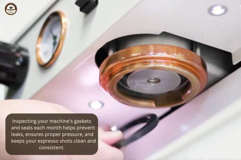 Inspecting your machine’s gaskets and seals each month helps prevent leaks, ensures proper pressure, and keeps your espresso shots clean and consistent.