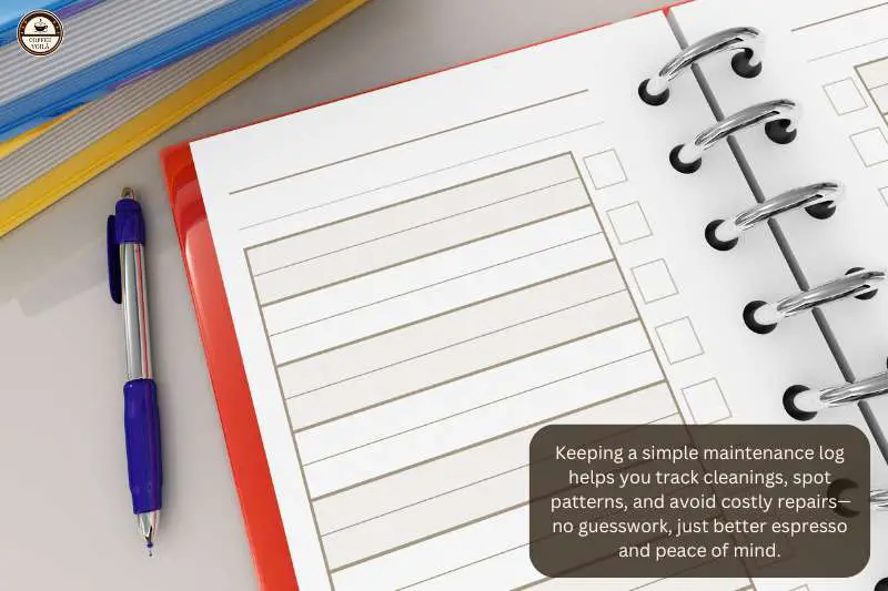 Keeping a simple maintenance log helps you track cleanings, spot patterns, and avoid costly repairs—no guesswork, just better espresso and peace of mind.