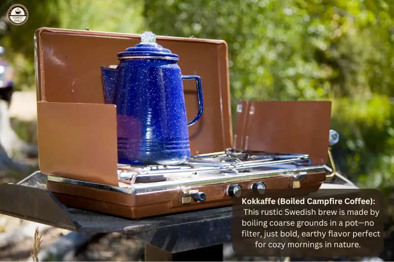 Kokkaffe (Boiled Campfire Coffee):
This rustic Swedish brew is made by boiling coarse grounds in a pot—no filter, just bold, earthy flavor perfect for cozy mornings in nature.