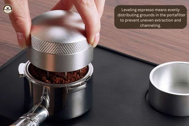 Leveling espresso means evenly distributing grounds in the portafilter to prevent uneven extraction and channeling.