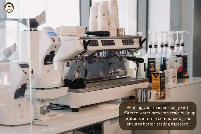 Refilling your machine daily with filtered water prevents scale buildup, protects internal components, and ensures better-tasting espresso.