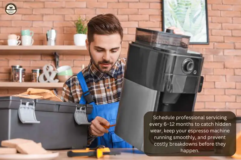 Schedule professional servicing every 6–12 months to catch hidden wear, keep your espresso machine running smoothly, and prevent costly breakdowns before they happen.