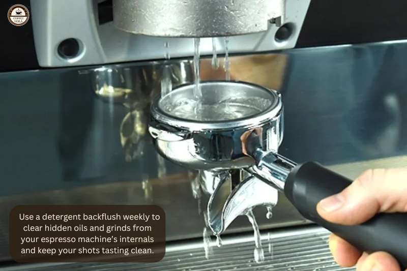Use a detergent backflush weekly to clear hidden oils and grinds from your espresso machine’s internals and keep your shots tasting clean.