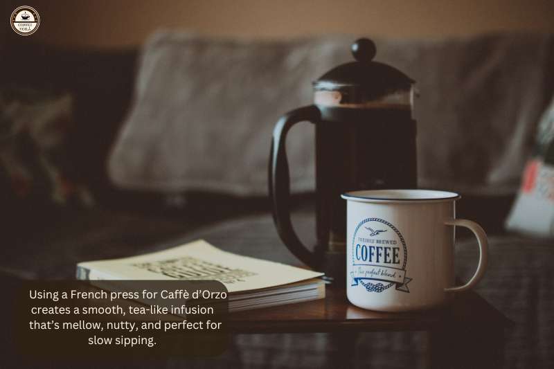 Using a French press for Caffè d’Orzo creates a smooth, tea-like infusion that’s mellow, nutty, and perfect for slow sipping.
