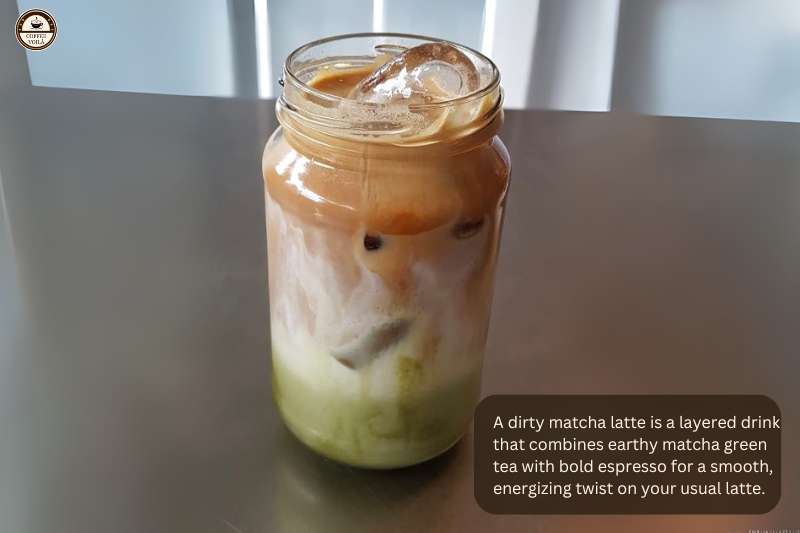 A dirty matcha latte is a layered drink that combines earthy matcha green tea with bold espresso for a smooth, energizing twist on your usual latte.