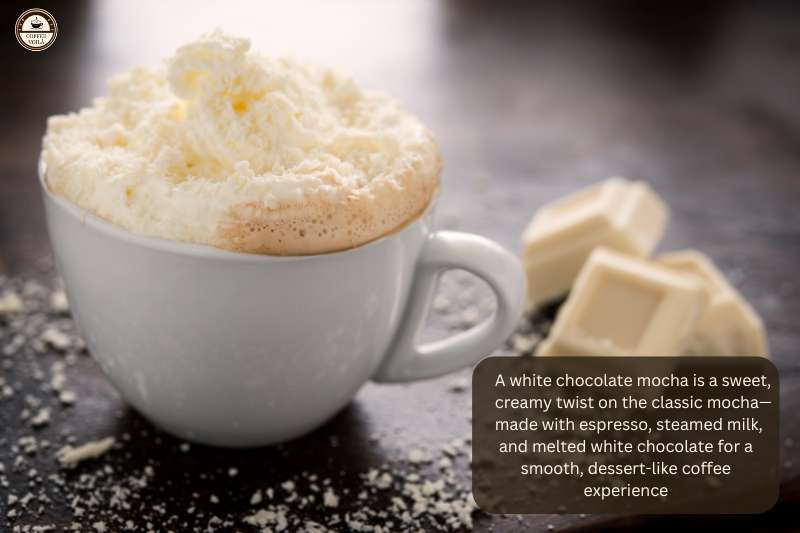 A white chocolate mocha is a sweet, creamy twist on the classic mocha—made with espresso, steamed milk, and melted white chocolate for a smooth, dessert-like coffee experience