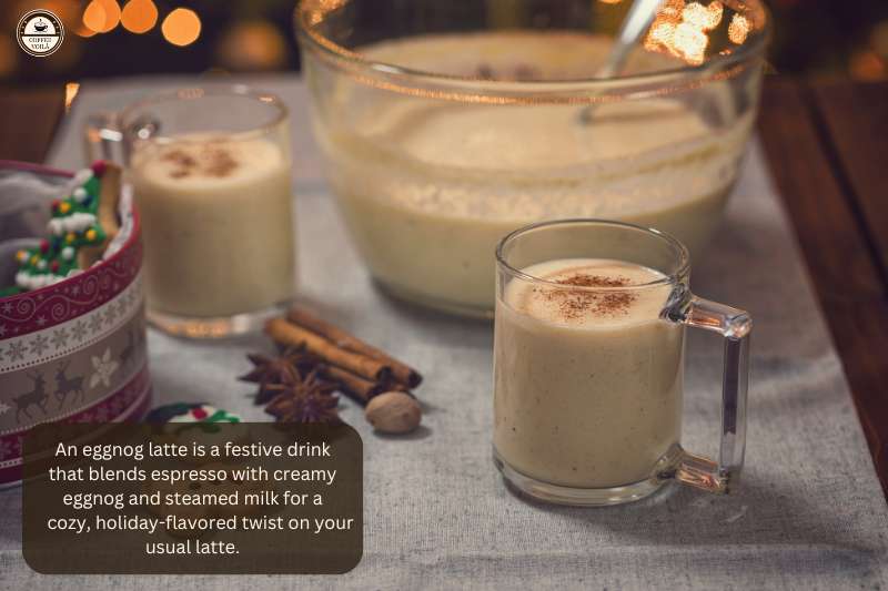 An eggnog latte is a festive drink that blends espresso with creamy eggnog and steamed milk for a cozy, holiday-flavored twist on your usual latte.