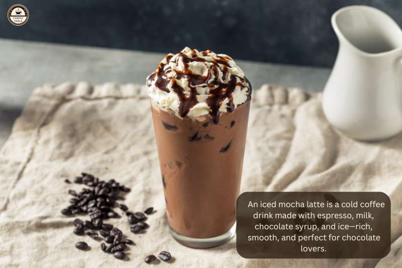 An iced mocha latte is a cold coffee drink made with espresso, milk, chocolate syrup, and ice—rich, smooth, and perfect for chocolate lovers.