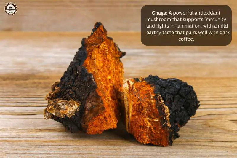 Chaga A powerful antioxidant mushroom that supports immunity and fights inflammation, with a mild earthy taste that pairs well with dark coffee.