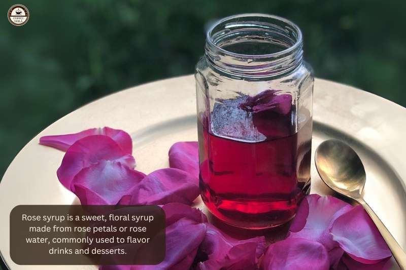 Rose syrup is a sweet, floral syrup made from rose petals or rose water, commonly used to flavor drinks and desserts.