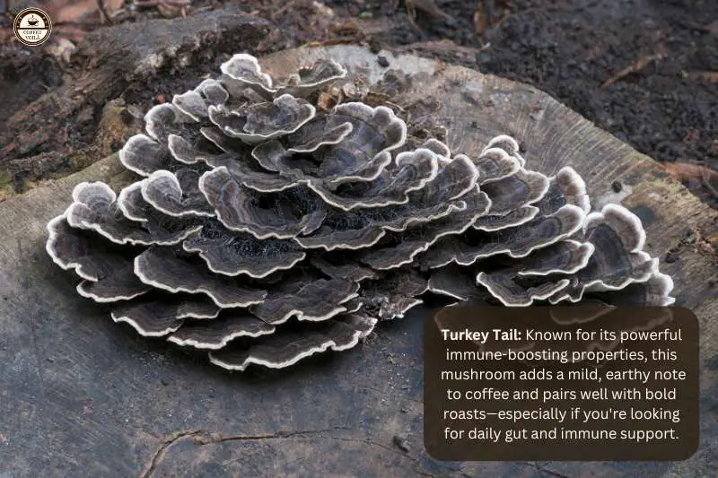 Turkey Tail: Known for its powerful immune-boosting properties, this mushroom adds a mild, earthy note to coffee and pairs well with bold roasts—especially if you're looking for daily gut and immune support.