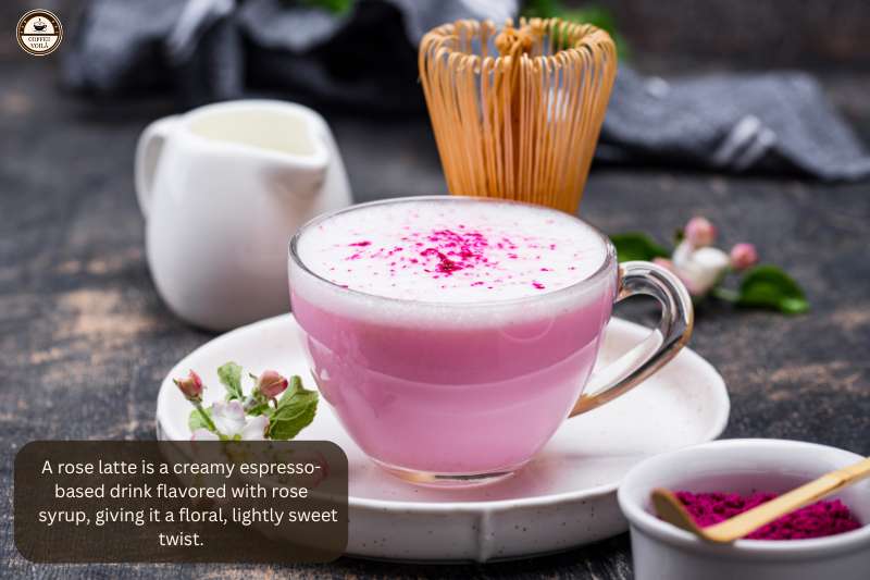 A rose latte is a creamy espresso-based drink flavored with rose syrup, giving it a floral, lightly sweet twist.