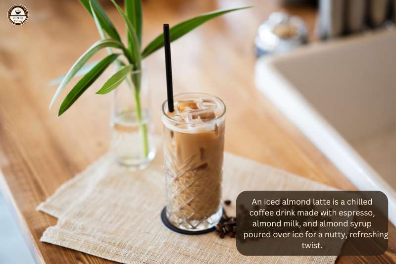 An iced almond latte is a chilled coffee drink made with espresso, almond milk, and almond syrup poured over ice for a nutty, refreshing twist.