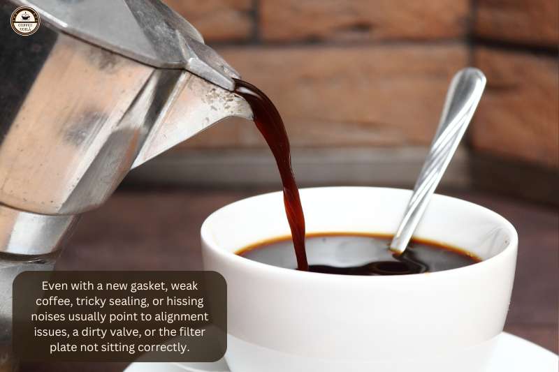 Even with a new gasket, weak coffee, tricky sealing, or hissing noises usually point to alignment issues, a dirty valve, or the filter plate not sitting correctly.