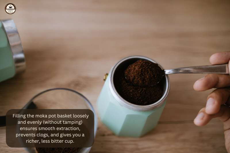 Filling the moka pot basket loosely and evenly (without tamping) ensures smooth extraction, prevents clogs, and gives you a richer, less bitter cup.