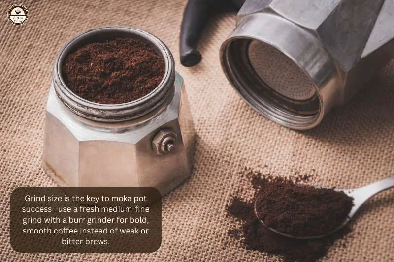 Grind size is the key to moka pot success—use a fresh medium-fine grind with a burr grinder for bold, smooth coffee instead of weak or bitter brews.