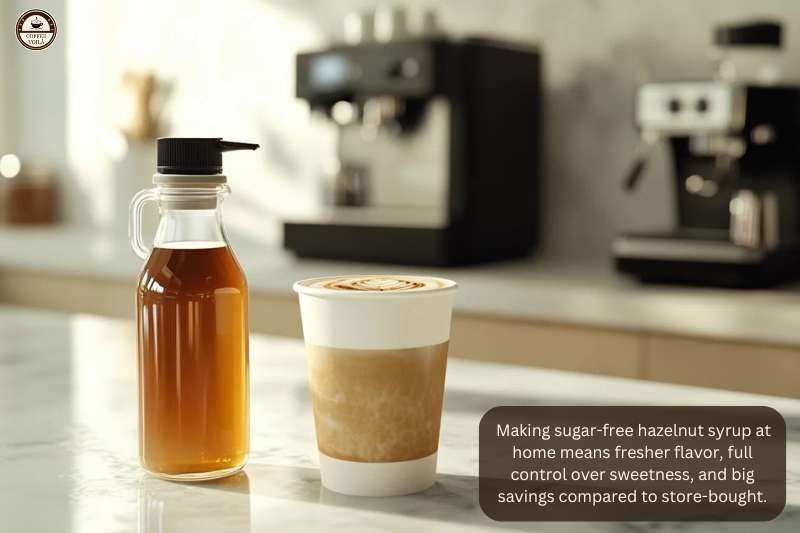 Making sugar-free hazelnut syrup at home means fresher flavor, full control over sweetness, and big savings compared to store-bought.