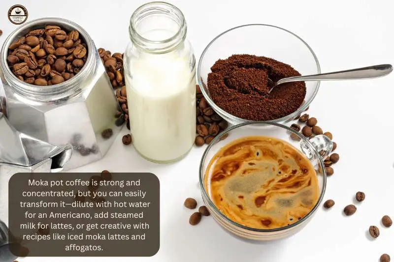 Moka pot coffee is strong and concentrated, but you can easily transform it—dilute with hot water for an Americano, add steamed milk for lattes, or get creative with recipes like iced moka lattes and affogatos.