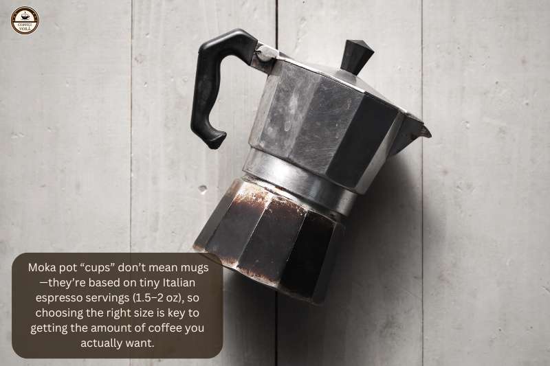 Moka pot “cups” don’t mean mugs—they’re based on tiny Italian espresso servings (1.5–2 oz), so choosing the right size is key to getting the amount of coffee you actually want.