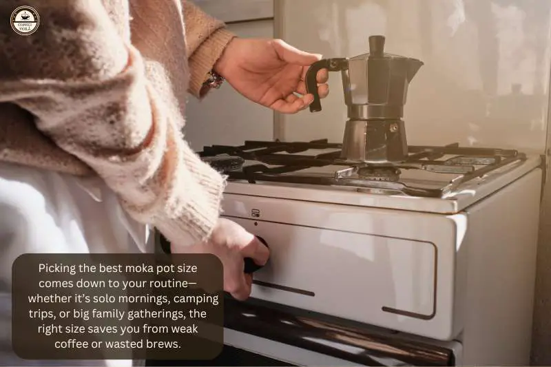 Picking the best moka pot size comes down to your routine—whether it’s solo mornings, camping trips, or big family gatherings, the right size saves you from weak coffee or wasted brews.