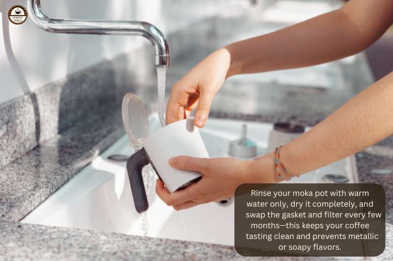 Rinse your moka pot with warm water only, dry it completely, and swap the gasket and filter every few months—this keeps your coffee tasting clean and prevents metallic or soapy flavors.