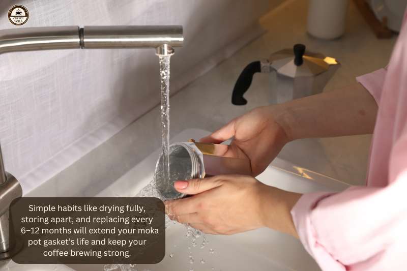 Simple habits like drying fully, storing apart, and replacing every 6–12 months will extend your moka pot gasket’s life and keep your coffee brewing strong.
