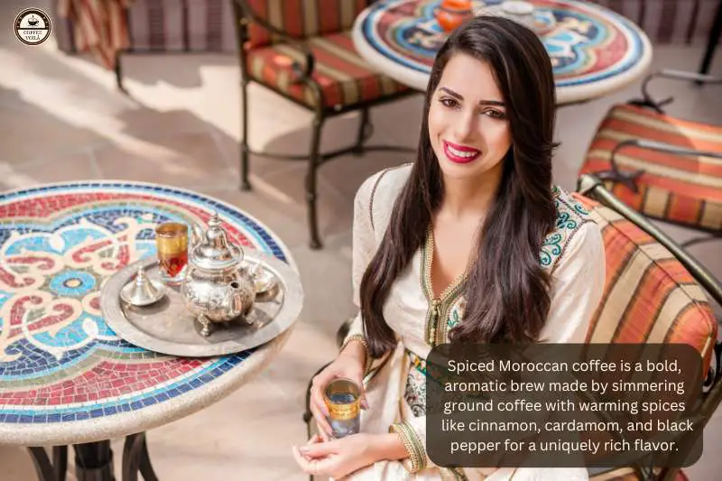 Spiced Moroccan coffee is a bold, aromatic brew made by simmering ground coffee with warming spices like cinnamon, cardamom, and black pepper for a uniquely rich flavor.