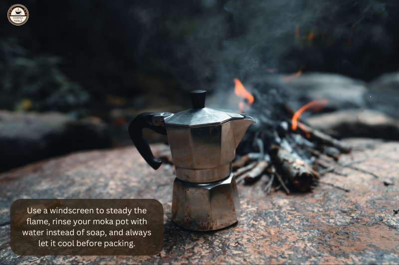 Use a windscreen to steady the flame, rinse your moka pot with water instead of soap, and always let it cool before packing—three simple habits that keep your outdoor coffee smooth and stress-free."