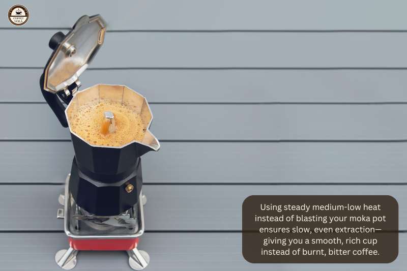 Using steady medium-low heat instead of blasting your moka pot ensures slow, even extraction—giving you a smooth, rich cup instead of burnt, bitter coffee.