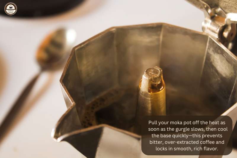 pull your moka pot off the heat as soon as the gurgle slows, then cool the base quickly—this prevents bitter, over-extracted coffee and locks in smooth, rich flavor.