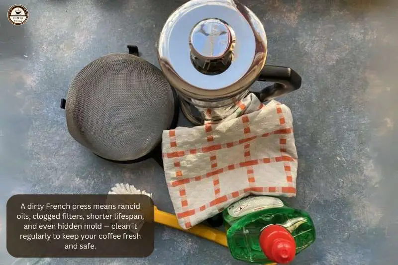 A dirty French press means rancid oils, clogged filters, shorter lifespan, and even hidden mold — clean it regularly to keep your coffee fresh and safe.