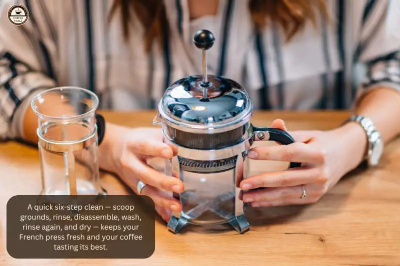 A quick six-step clean — scoop grounds, rinse, disassemble, wash, rinse again, and dry — keeps your French press fresh and your coffee tasting its best.