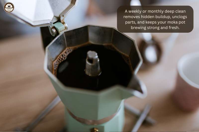 A weekly or monthly deep clean removes hidden buildup, unclogs parts, and keeps your moka pot brewing strong and fresh.