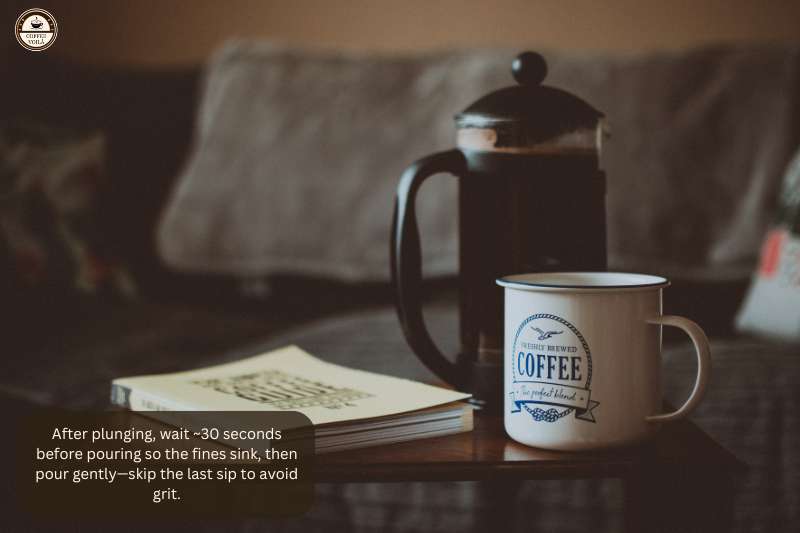 After plunging, wait ~30 seconds before pouring so the fines sink, then pour gently—skip the last sip to avoid grit.